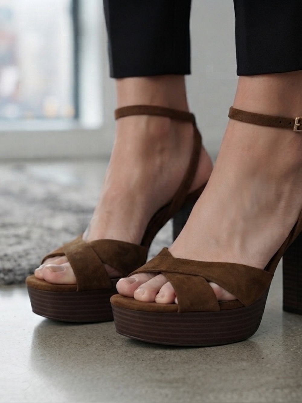 Zara Brown Suede Platform Heeled Sandals